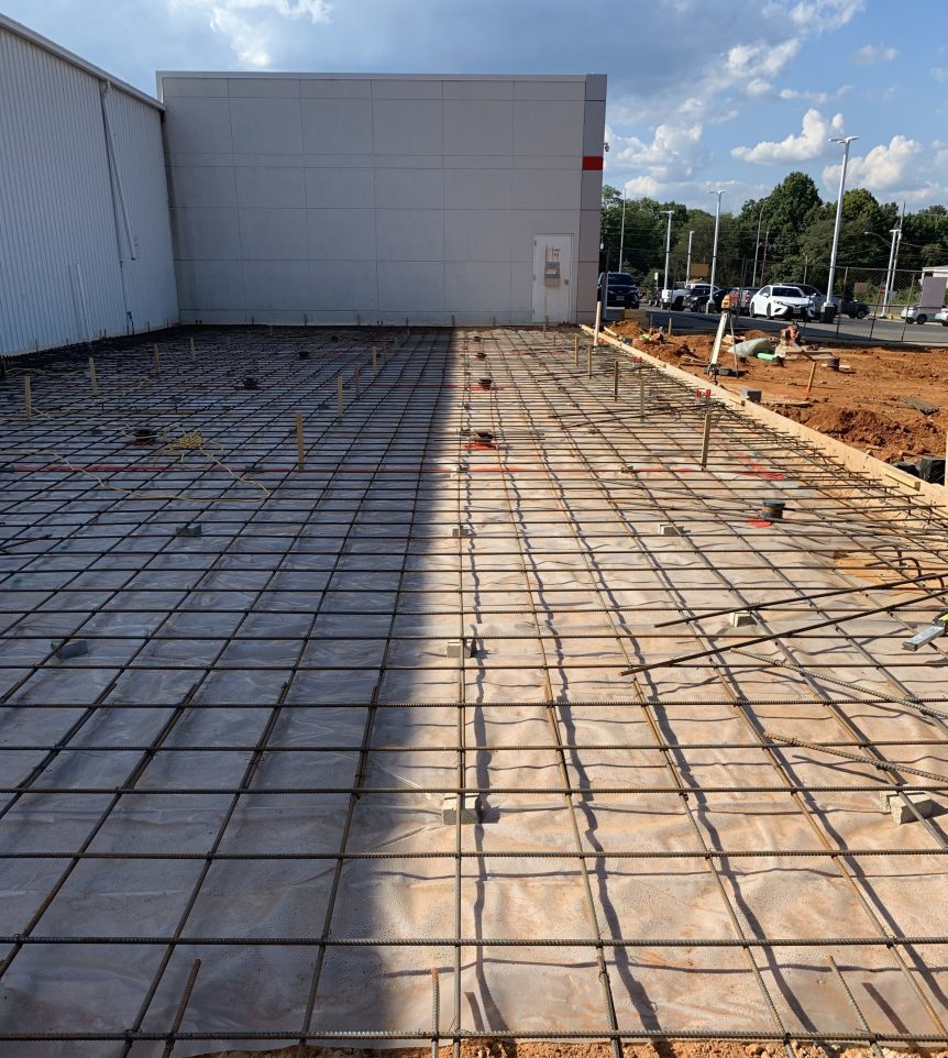 Rebar is tied in preparation for the first concrete pour.